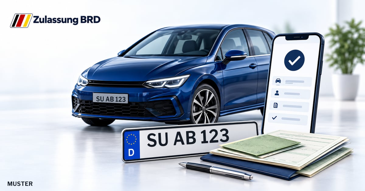 Online Fahrzeugzulassung in Niederkassel: Musterkennzeichen SU AB 123, Auto und Fahrzeugpapiere und Smartphone. Illustration mit Logo von Zulassung BRD.